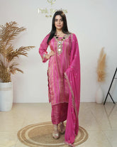 Crepe silk stripe design big mirror worked salwar suit-pink